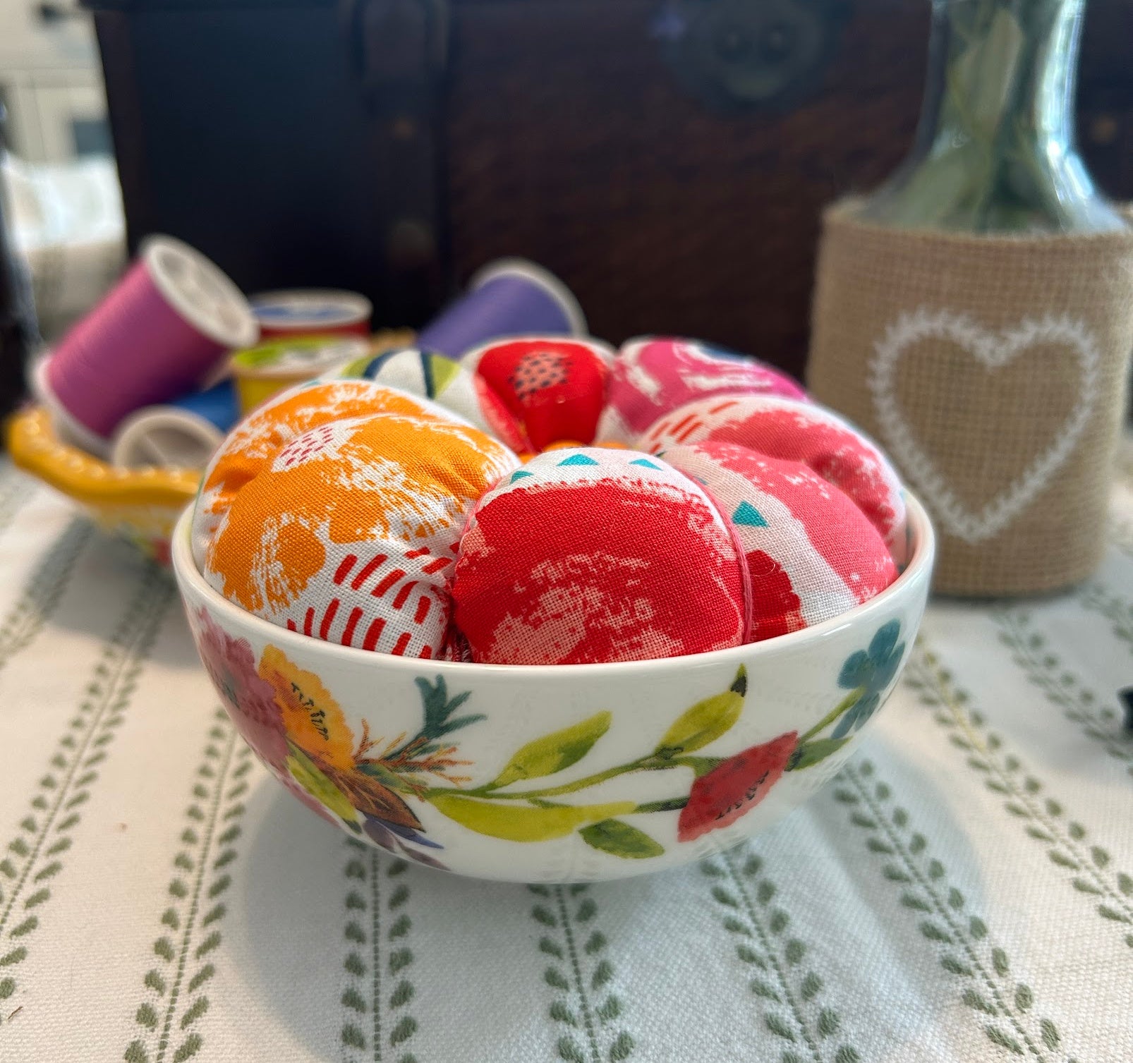 Bright Poppies in a Bowl Pin Cushion