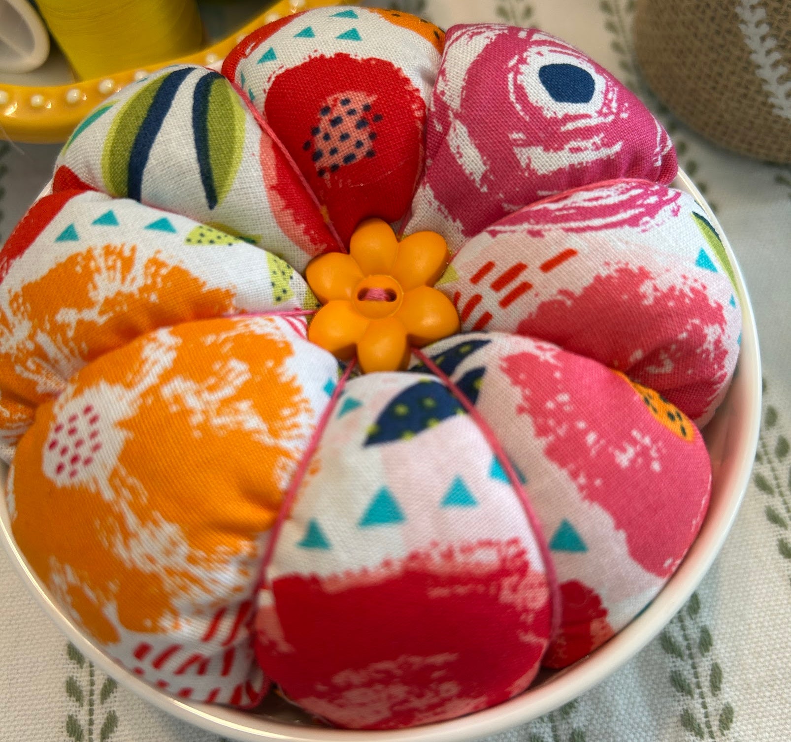 Bright Poppies in a Bowl Pin Cushion