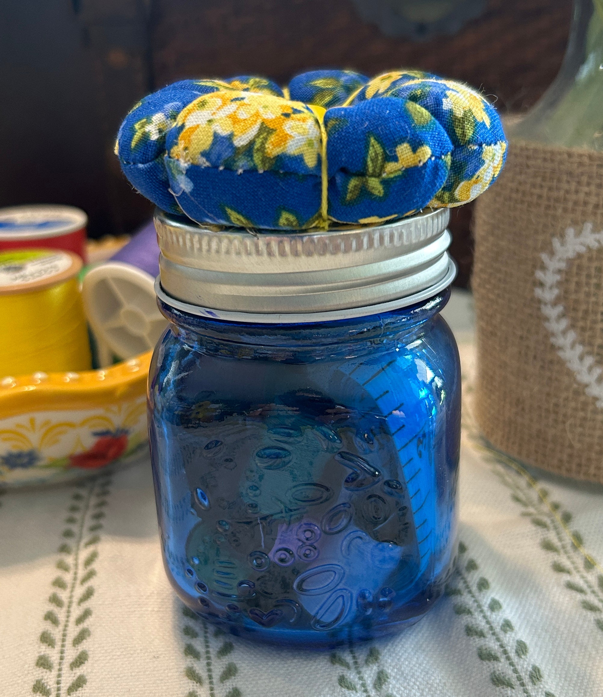 Tiny Blue Mason Jar Sewing Kit