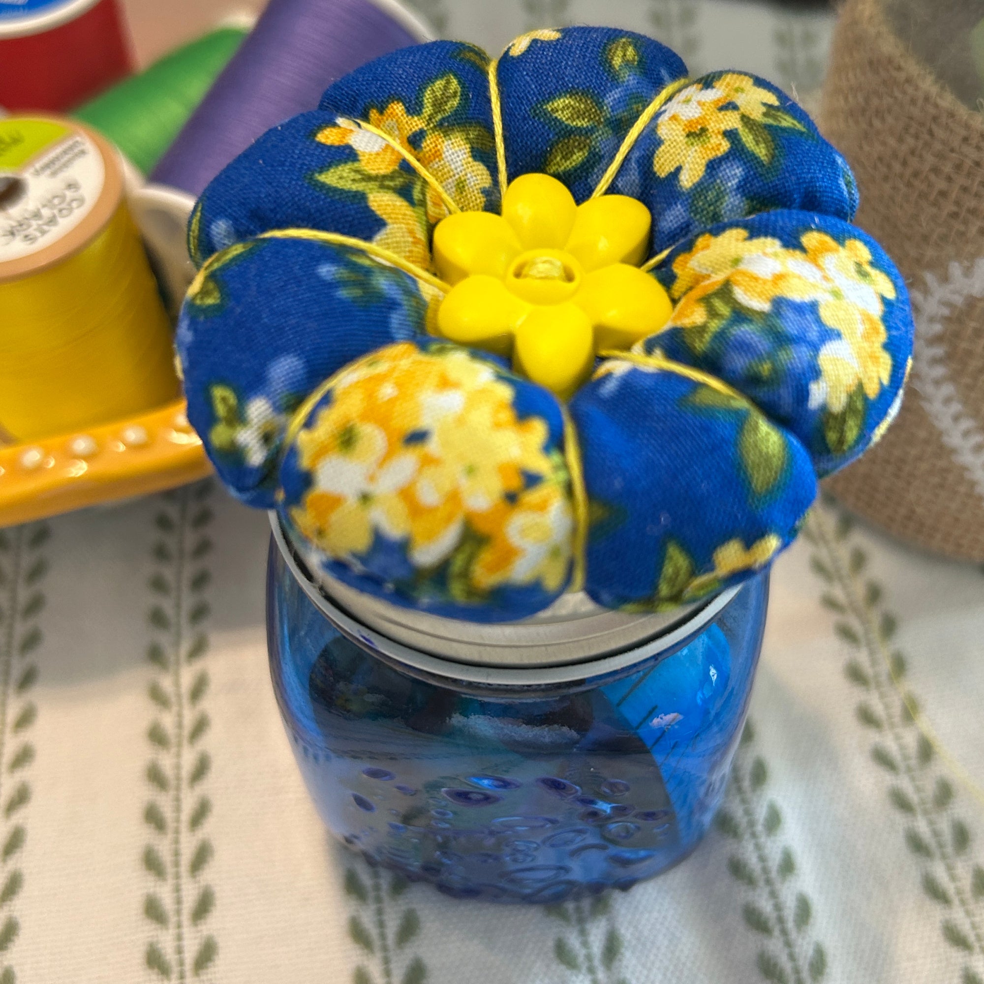 Tiny Blue Mason Jar Sewing Kit