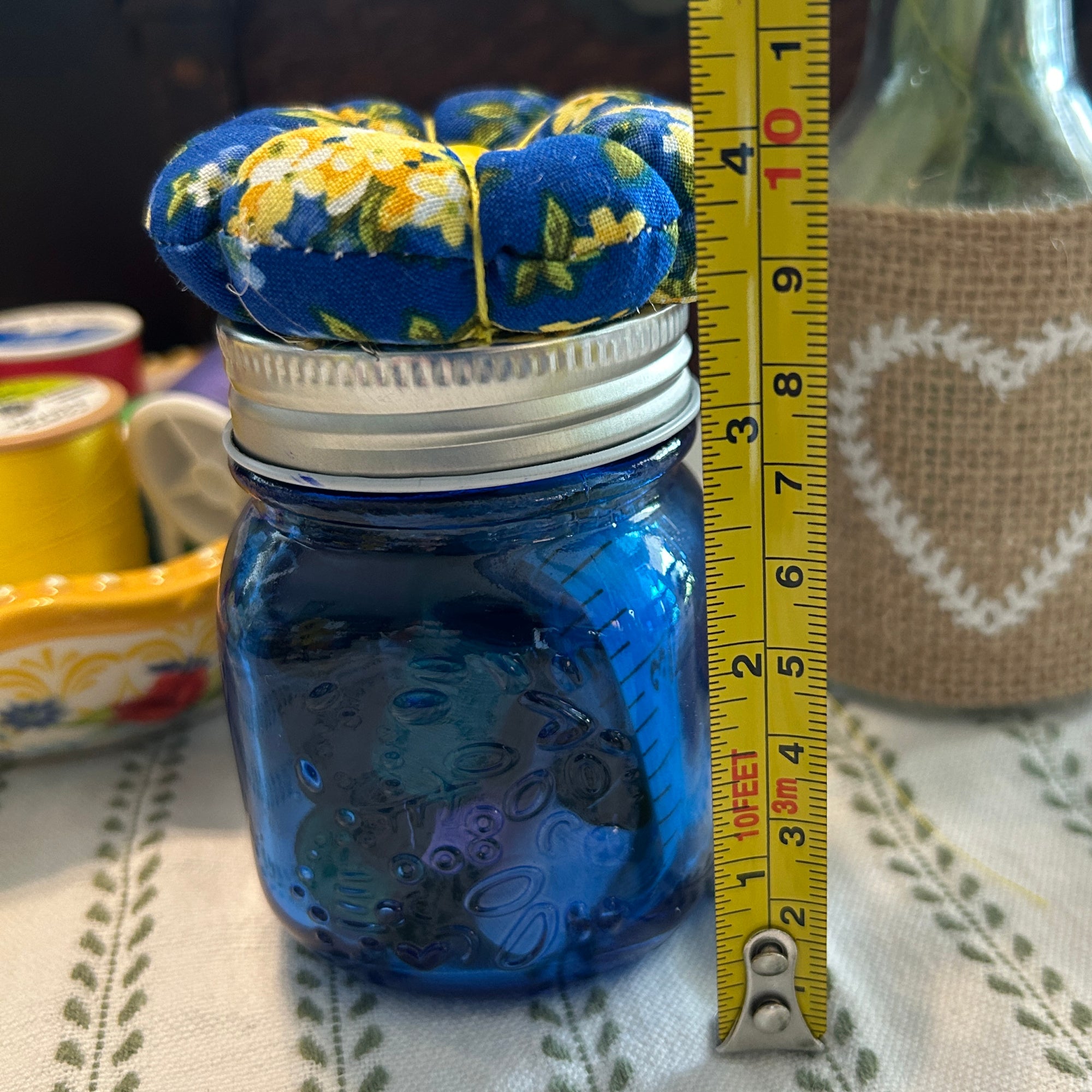 Tiny Blue Mason Jar Sewing Kit