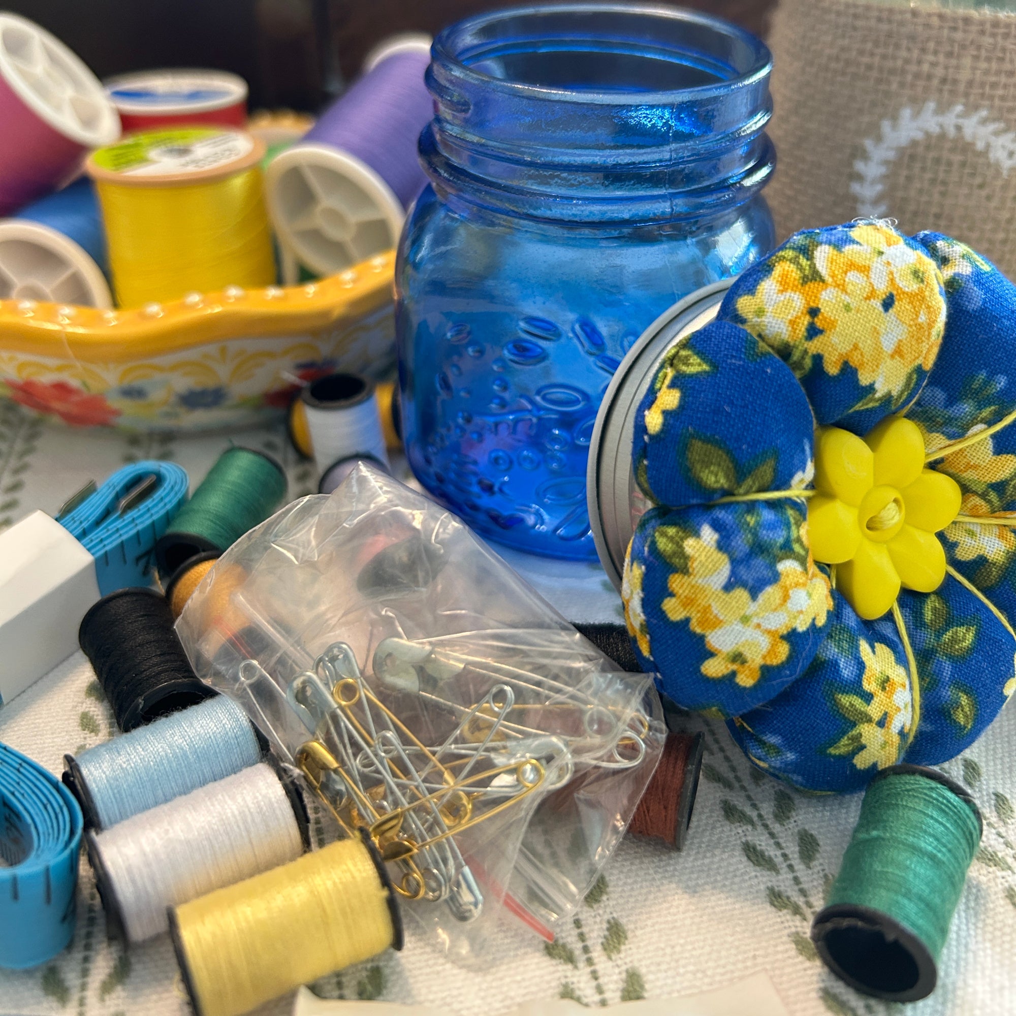 Tiny Blue Mason Jar Sewing Kit