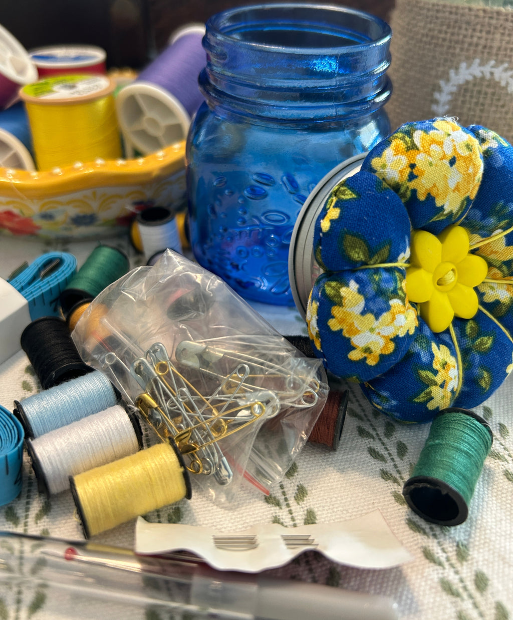 Tiny Blue Mason Jar Sewing Kit