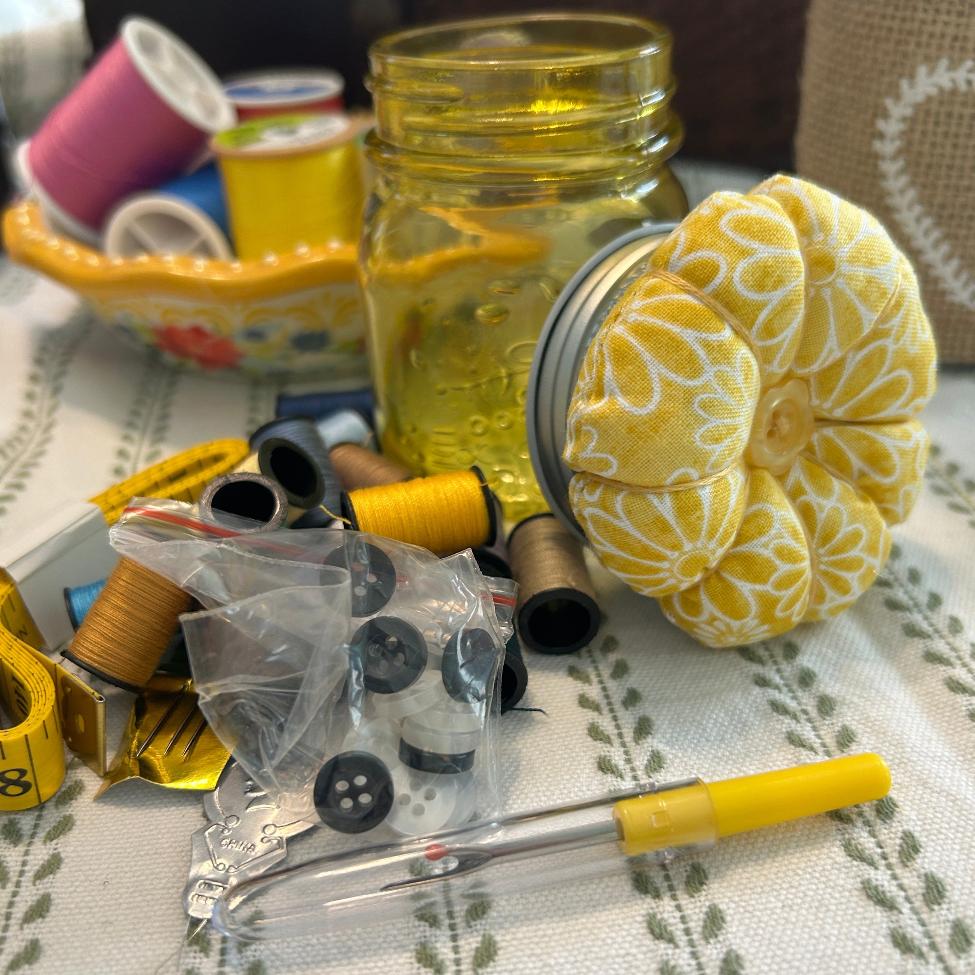 Tiny Yellow Mason Jar Sewing Kit