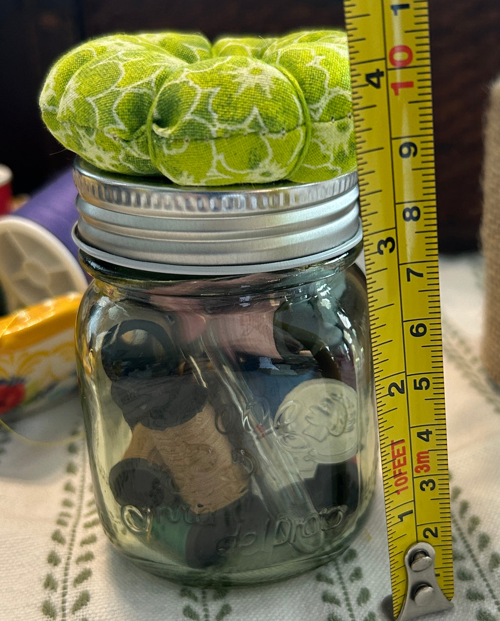 Tiny  Green Mason Jar Sewing Kit