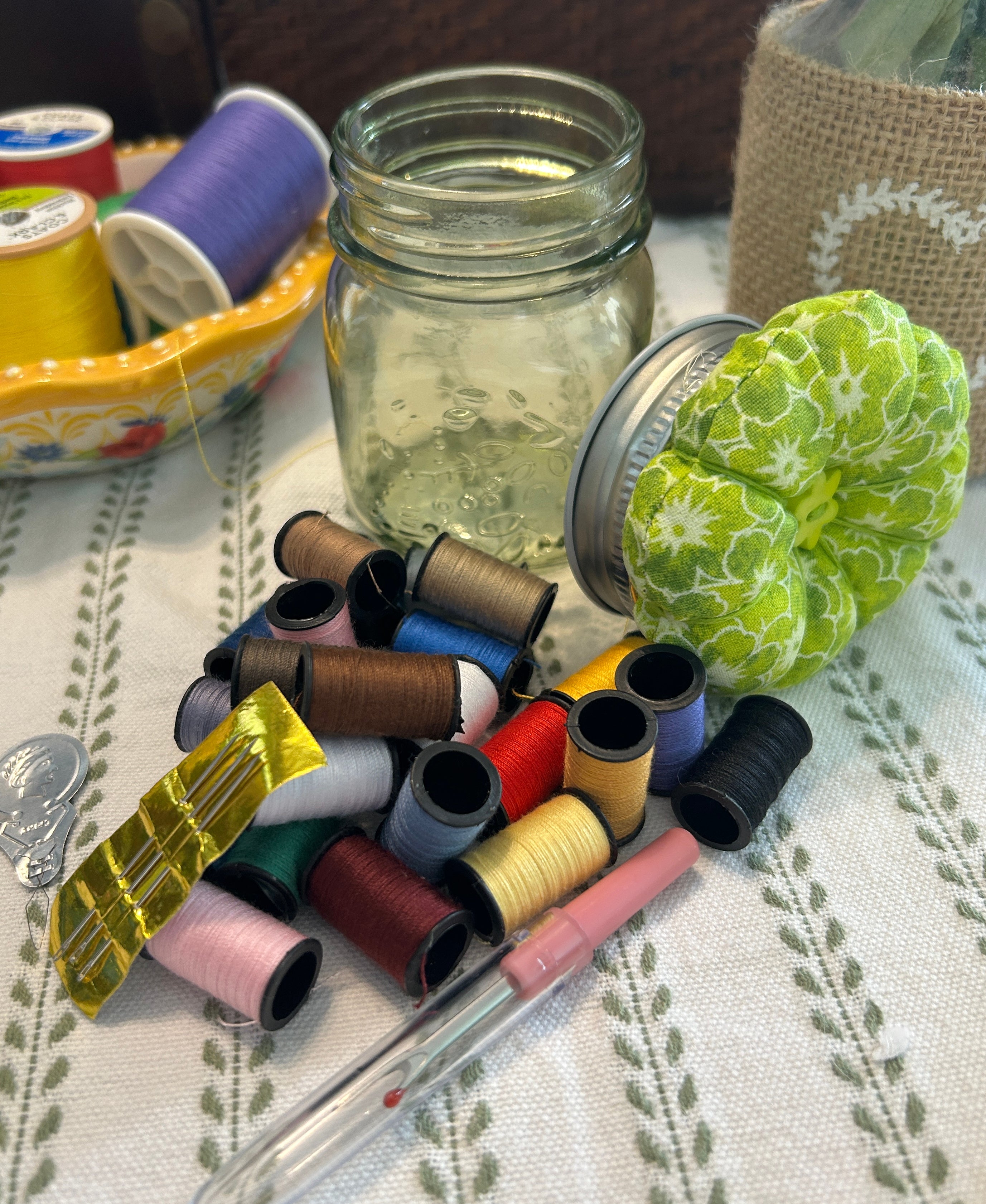 Tiny  Green Mason Jar Sewing Kit