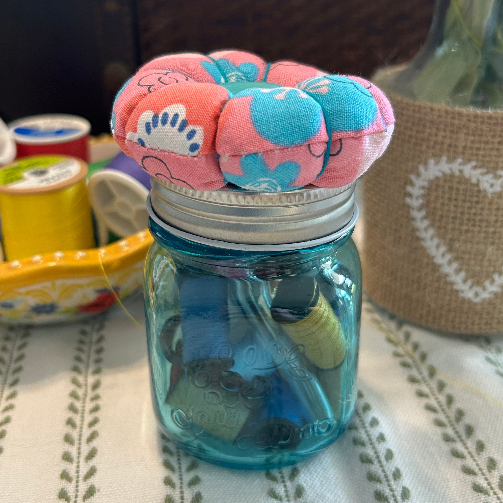 Tiny Turquoise Mason Jar Sewing Kit