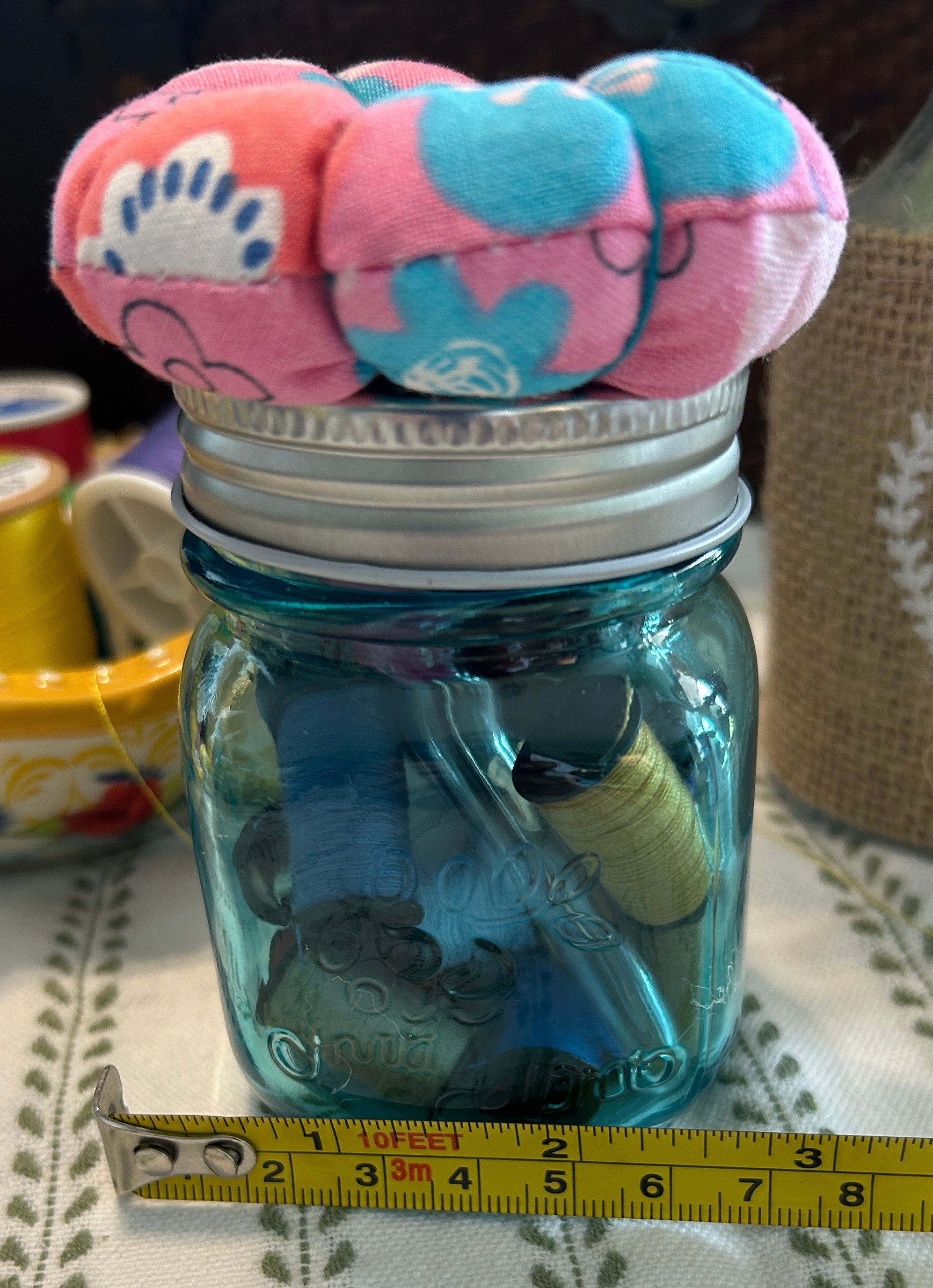 Tiny Turquoise Mason Jar Sewing Kit