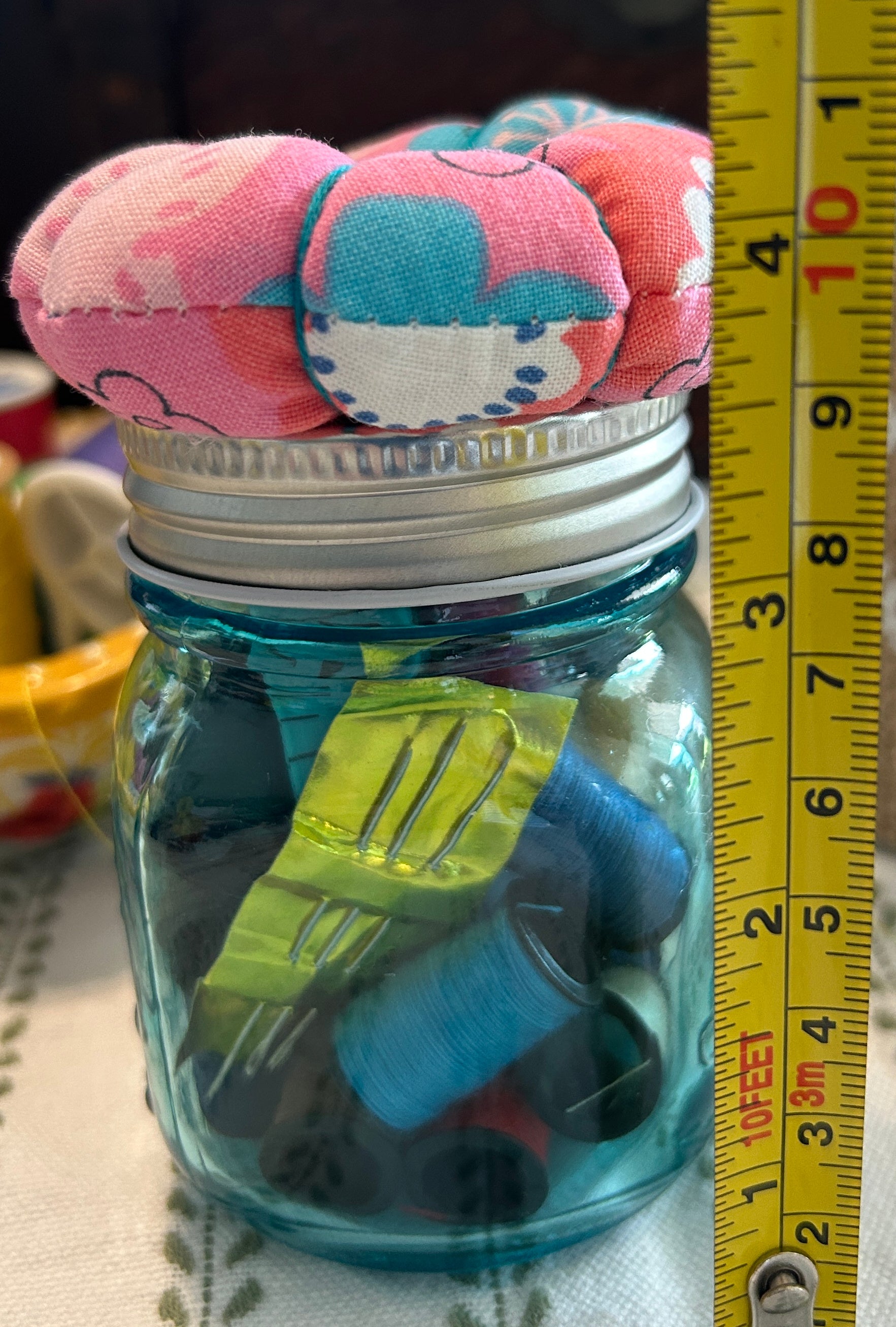 Tiny Turquoise Mason Jar Sewing Kit