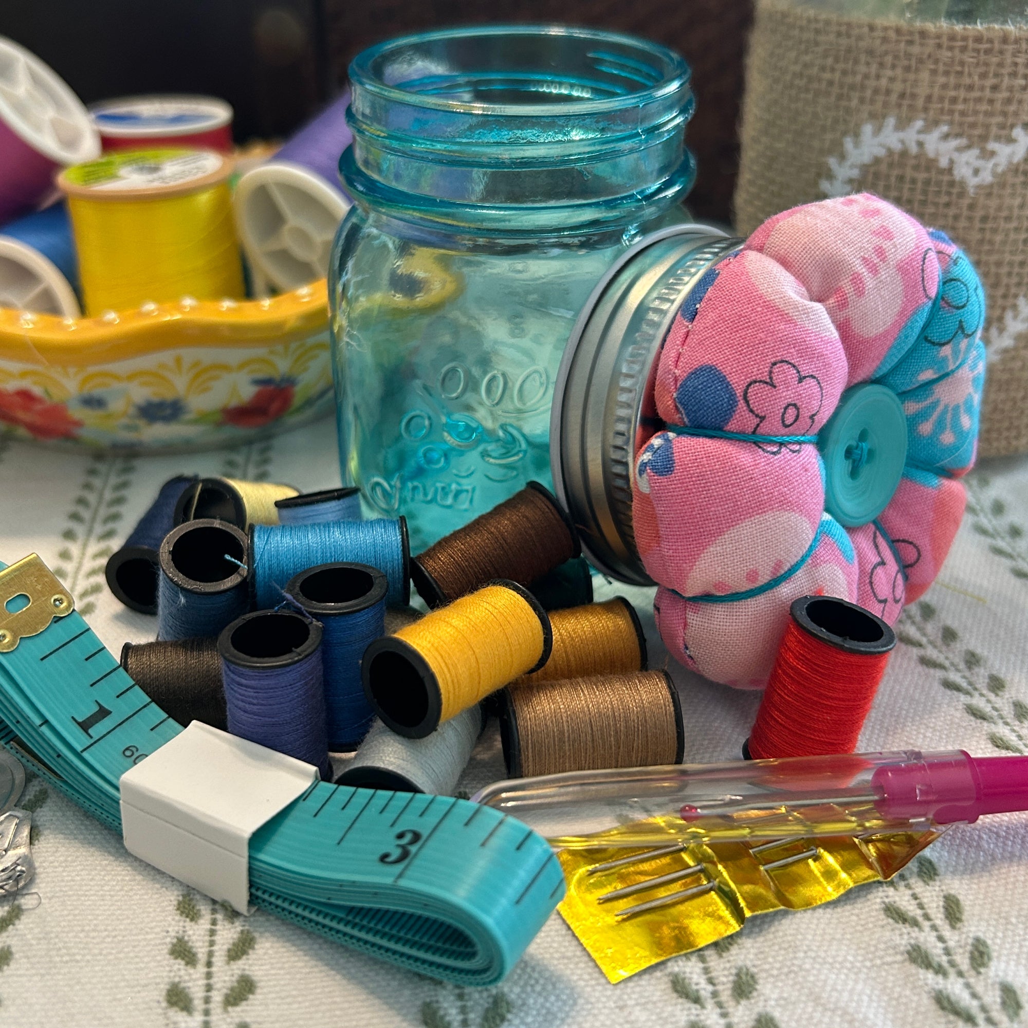Tiny Turquoise Mason Jar Sewing Kit