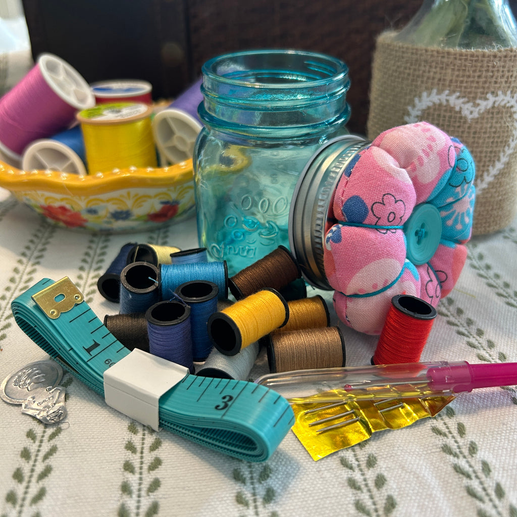 Tiny Turquoise Mason Jar Sewing Kit